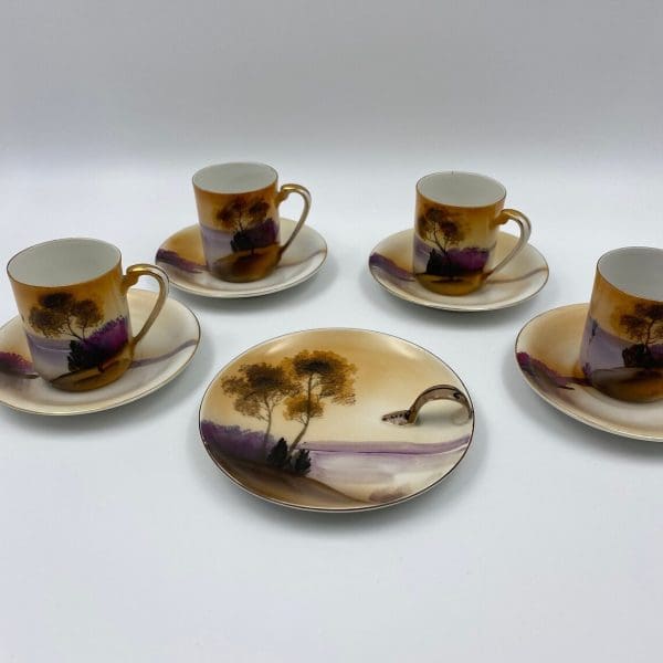 vintage Noritake China teacups saucers and spoon rest lake sunset scene hand painted