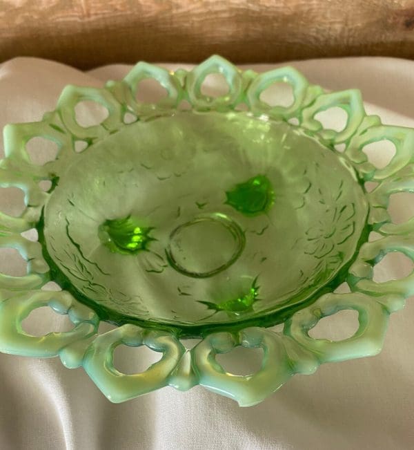 Northwood opalescent glass close of flower pattern glass green