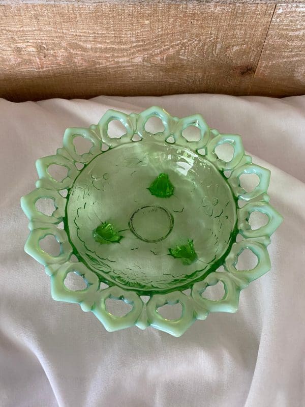 Northwood opalescent glass top view of inside of bowl and lattice