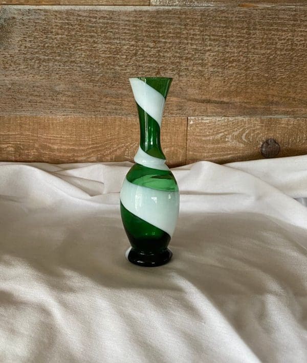 vintage small green glass vase swirl