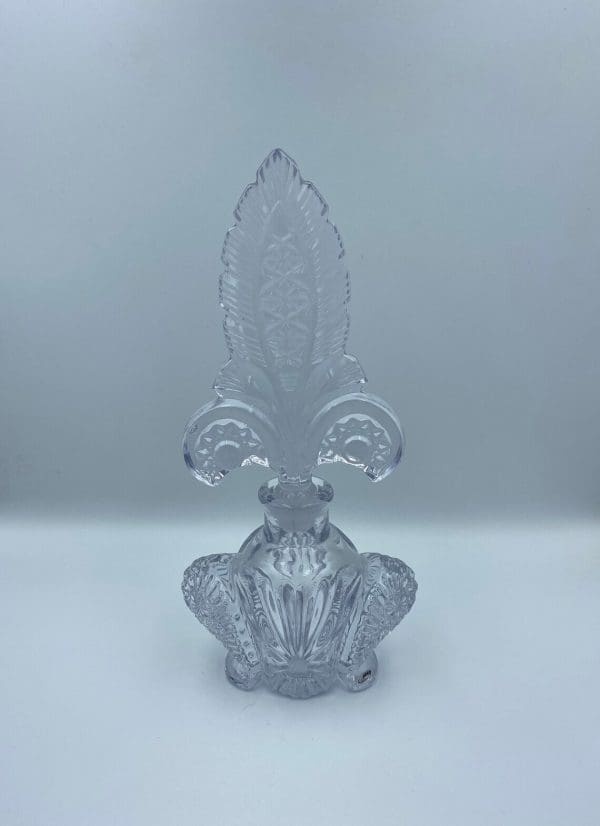 vintage crystal perfume bottles with stoppers, Fleur de Lis design stopper with matching base