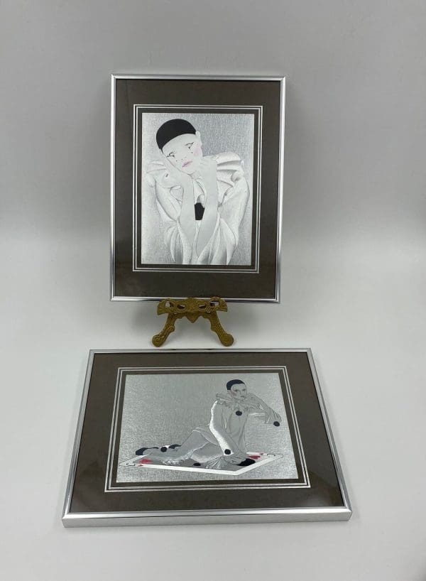 vintage foil art clown mime in silver metal frames