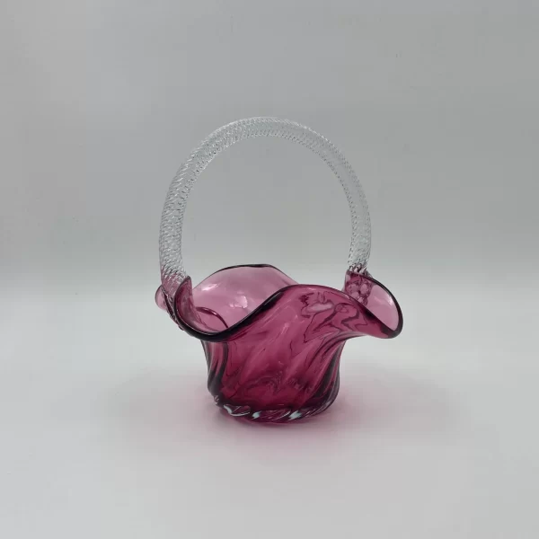 vintage pink glass basket front view