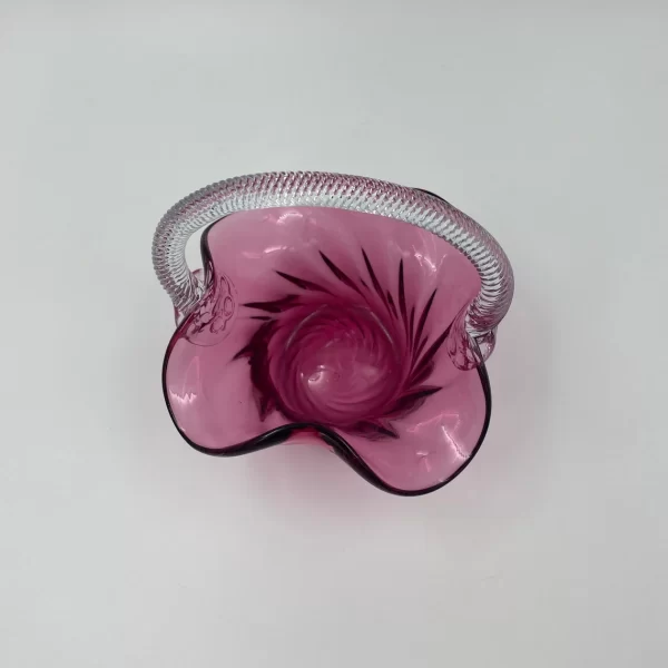 vintage pink glass basket twisted clear glass handle top view