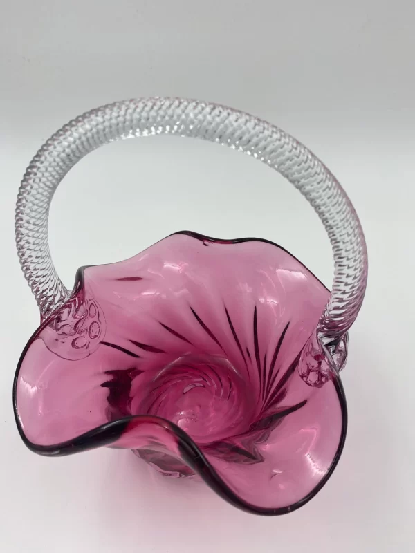 vintage pink glass basket inside