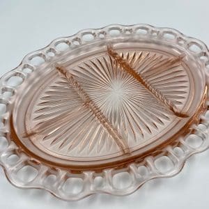 pink depression glass platter Old Colony Lace divided platter top