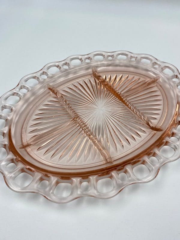 pink depression glass platter Old Colony Lace divided platter top