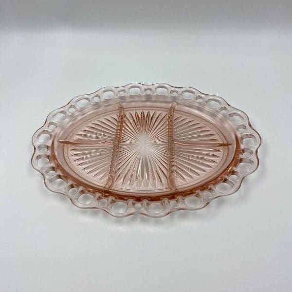 pink depression glass platter lace edge