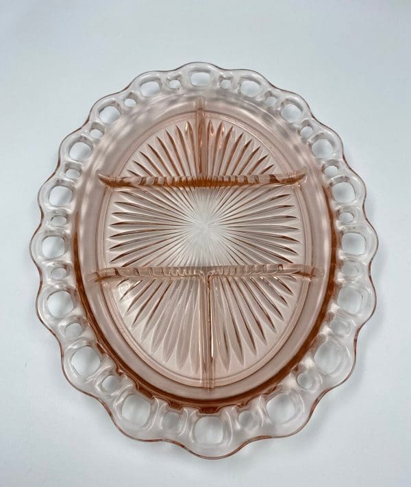 pink depression glass platter divided dish Old Colony Lace