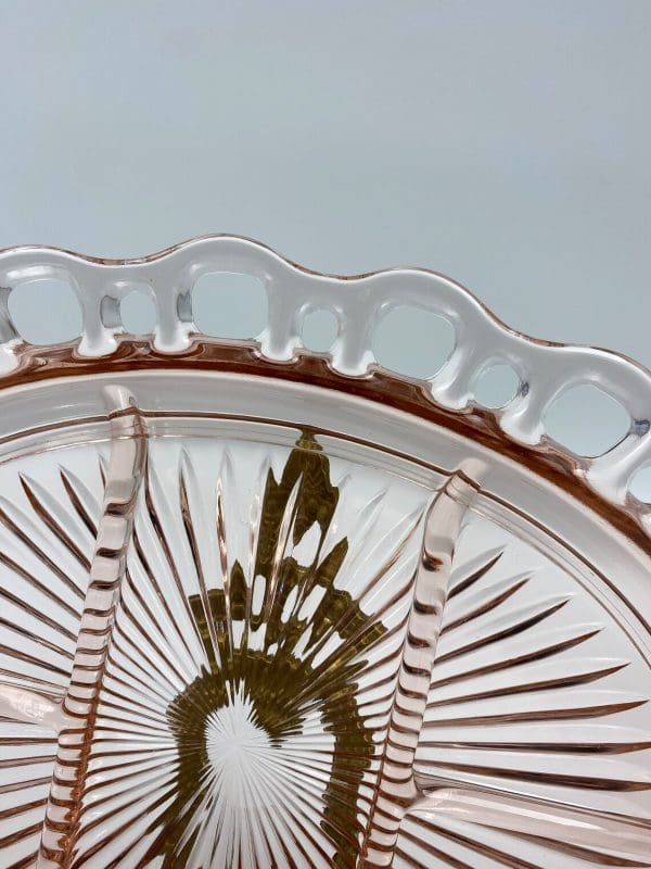 pink depression glass platter another close of lace edge