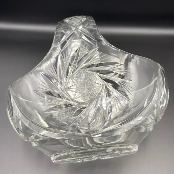 vintage crystal basket with handle close of Pinwheel design