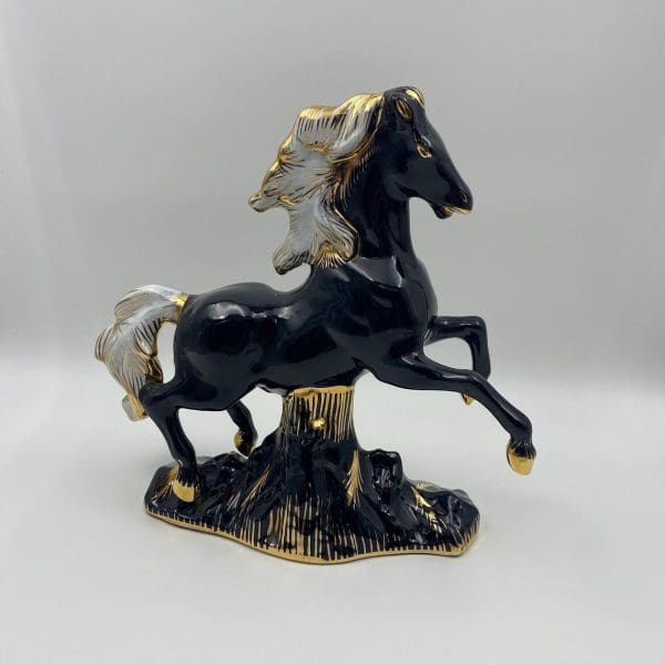 vintage porcelain horse figurines black with white mane gold trimmed highlights right side