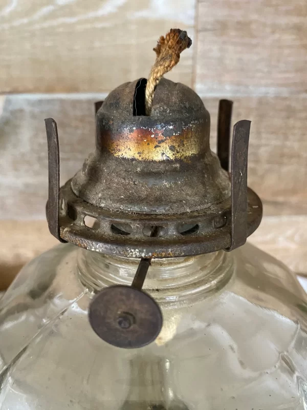 Pressed Glass Oil Lamp burner showing burn to wick