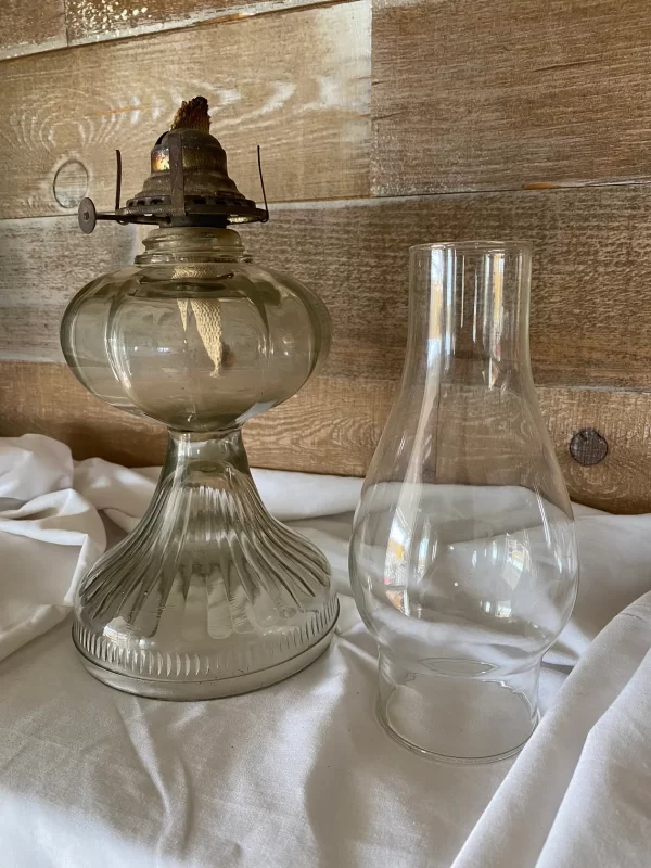 Pressed Glass Oil Lamp hurricane and lamp with hurricane removed