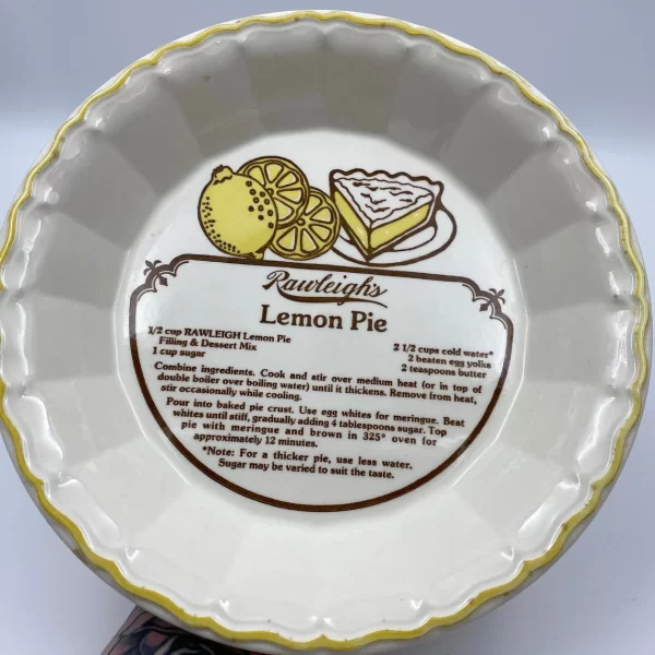 ceramic pie dish with recipe Rawleigh's Lemon Pie