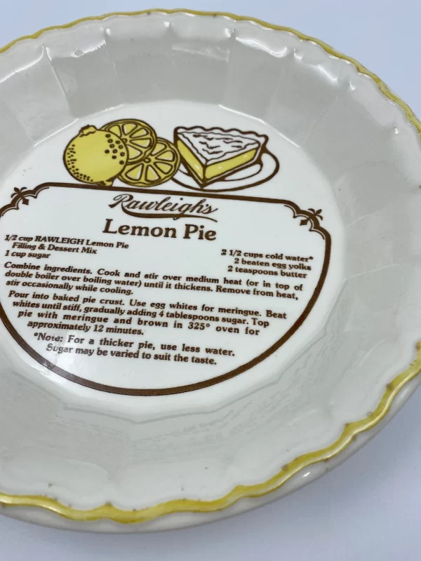 ceramic pie dish with recipe lemon pie