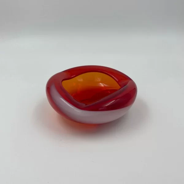 Red glass round ashtray red and white vintage 1980s