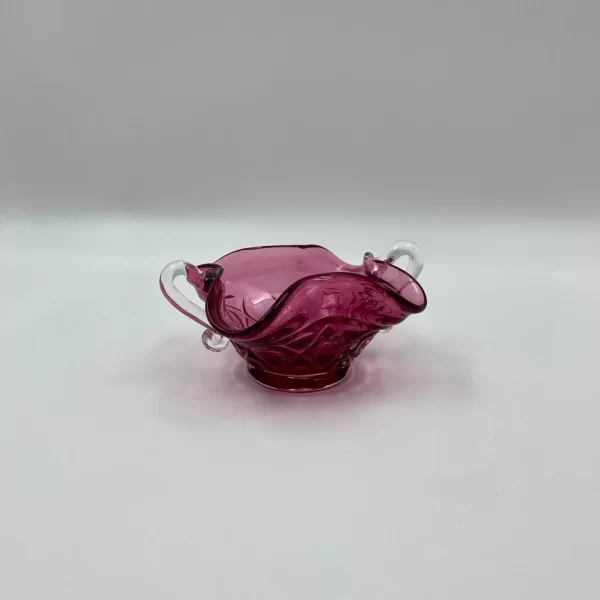 pink glass bowl with clear glass handles hand blown