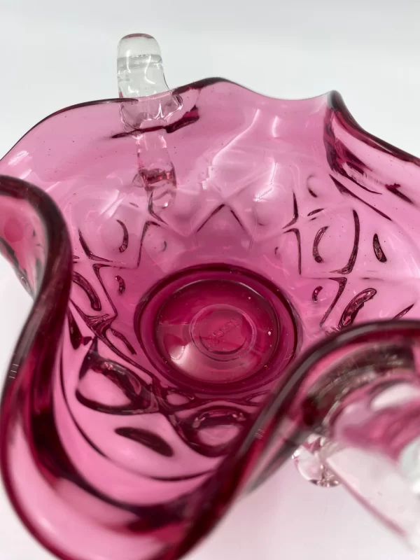 pink glass bowl ruffled top and clear glass handles close to show color and perfect condition