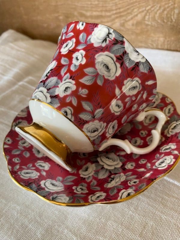 Royal Albert tea cup and saucer fuchsia and grey silver chintz pattern zoomed out view