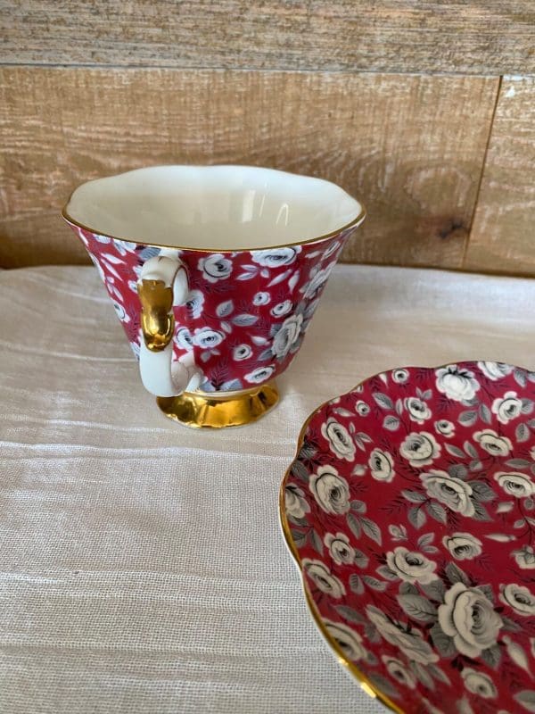 Royal Albert tea cup and saucer fuchsia and grey silver chintz pattern view 3