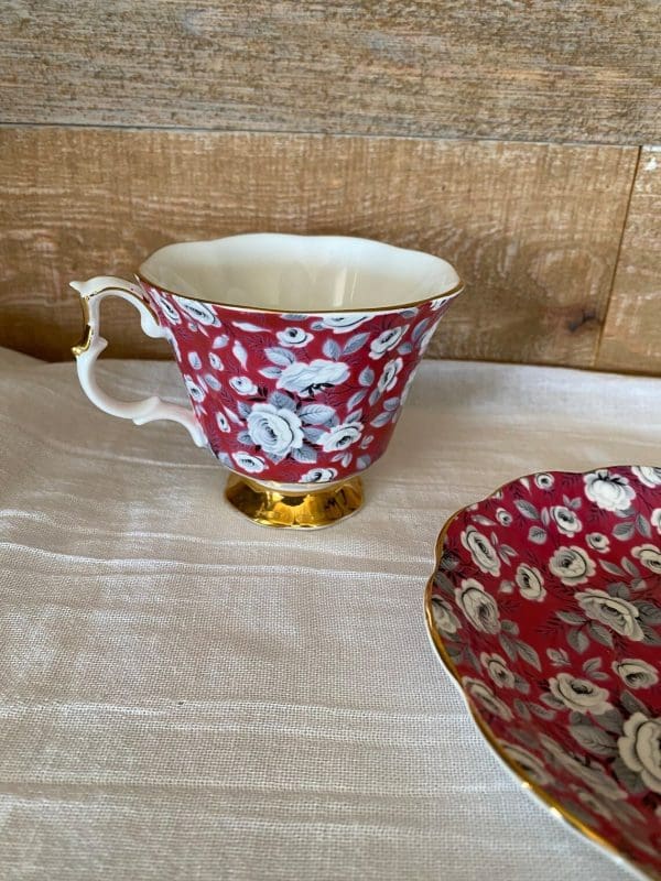 Royal Albert tea cup and saucer fuchsia and grey silver chintz pattern standard view