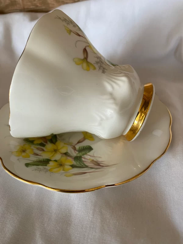 Royal Albert tea cups yellow flowers, green petals on white backdrop and gold trim showing white backdrop on tea cup