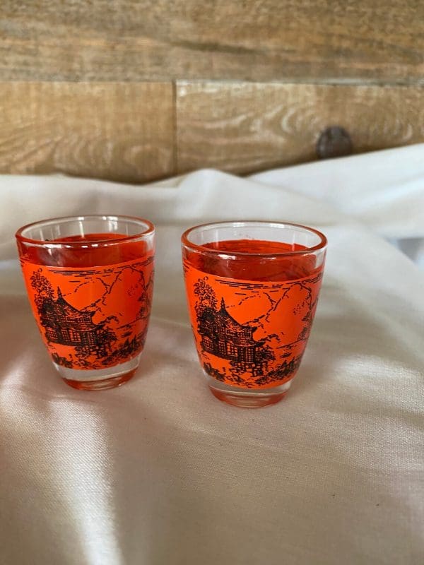 vintage decanter set orange and black Asian theme