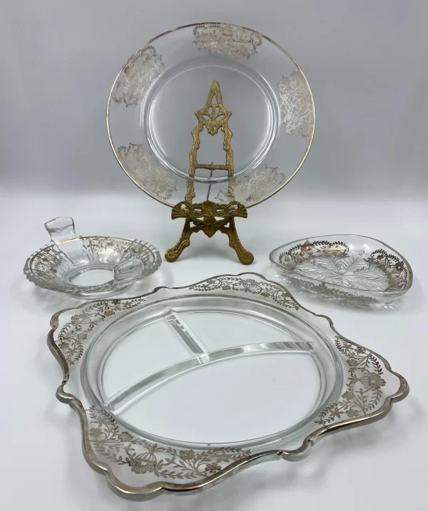 silver overlay glass large plate, handled dish, triangle dish, and divided serving plate