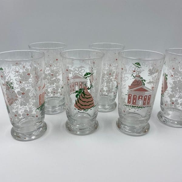 Libbey glasses vintage showing close of each side of glasses, white flower, Southern belle, and Victorian style house