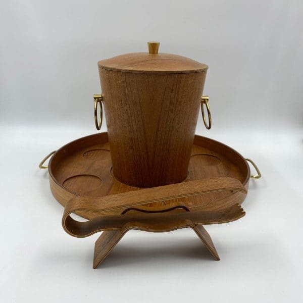 teak ice bucket set with tray, ice tongs, and stand MCM brass accents