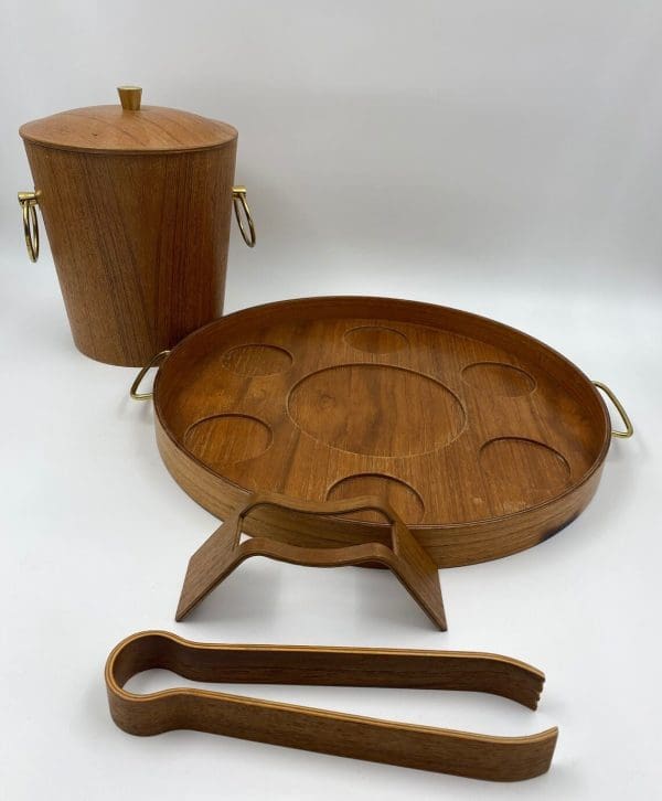 teak ice bucket tongs, rest, tray