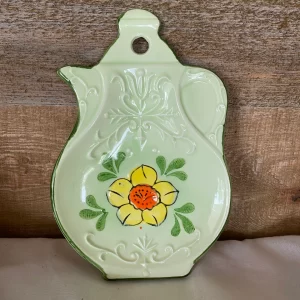 vintage spoon rest green with yellow flower teapot shape