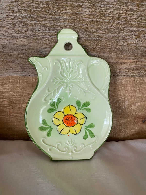 vintage spoon rest green with yellow flower teapot shape