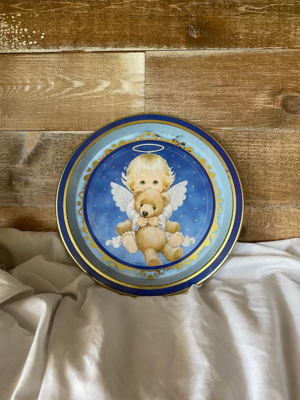 vintage Christmas trays front with cherub and teddy bear