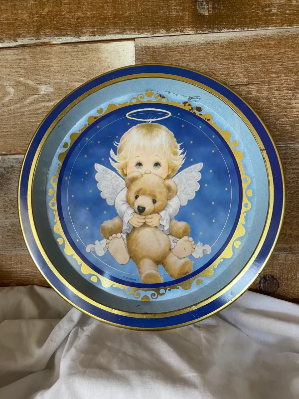 vintage Christmas trays blue gold with angel and teddy bear