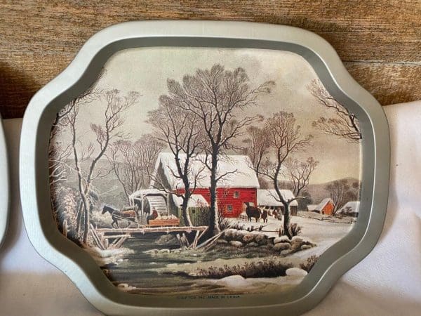 vintage Christmas serving tray old farm scene