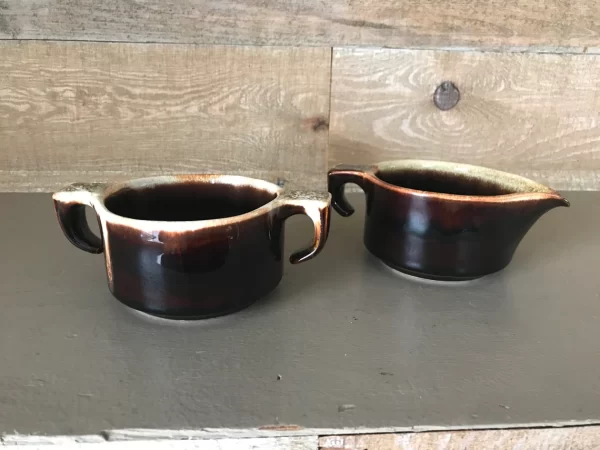 vintage USA pottery cream and sugar brown drip