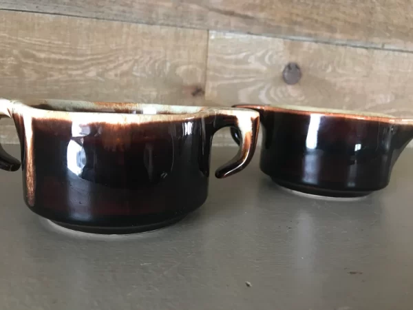 vintage USA pottery close of brown drip creamer and sugar bowl