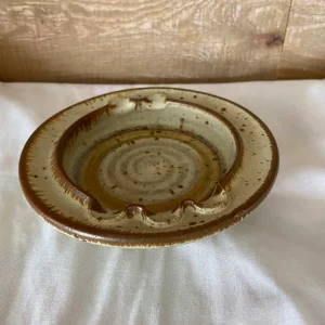 Vintage pottery ashtray signed Owens 1978 brown and beige