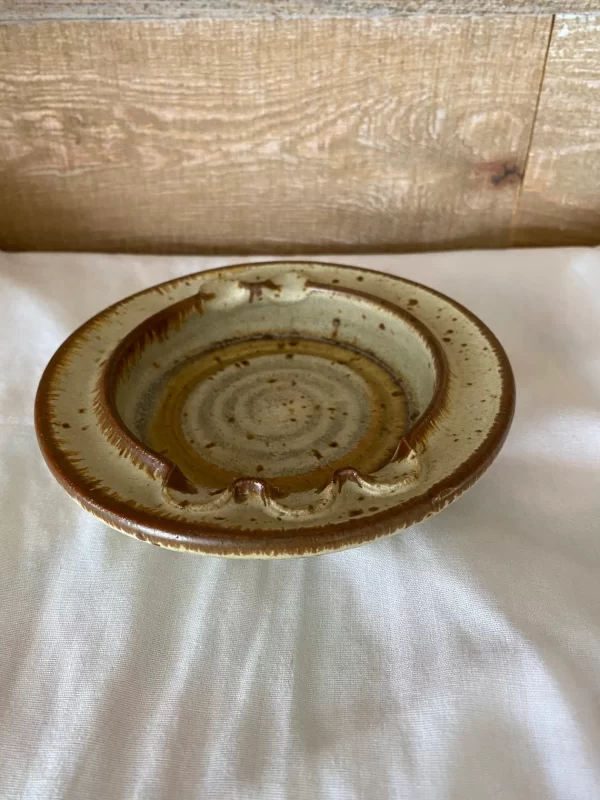 Vintage pottery ashtray signed Owens 1978 brown and beige