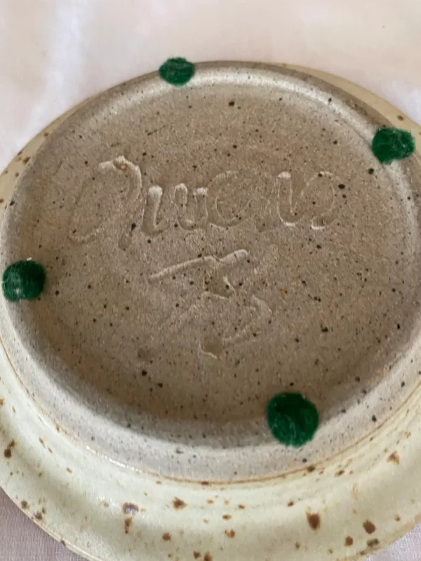 Vintage pottery ashtray signed Owens 1978 brown and beige bottom closeup showing signature