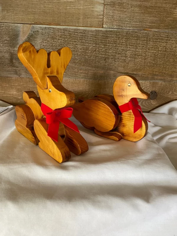 vintage wood Christmas decorations handmade reindeer and duck