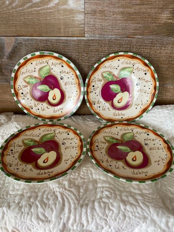 vintage decorative wall plates plums set of four green check edge