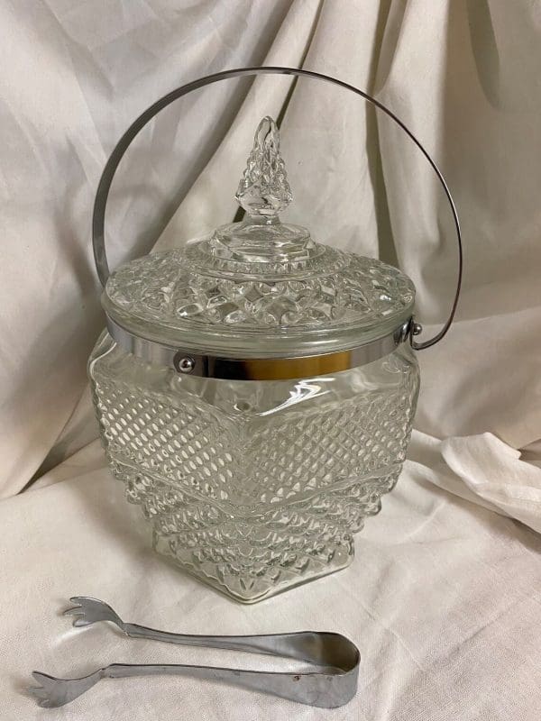 Anchor Hocking Wexford Ice Bucket cut clear glass with handle cover and ice tongs