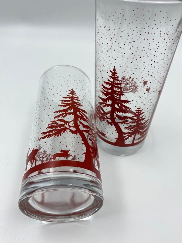 vintage glasses with red trees, deer, rabbit