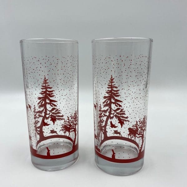 vintage glasses with red trees set of two