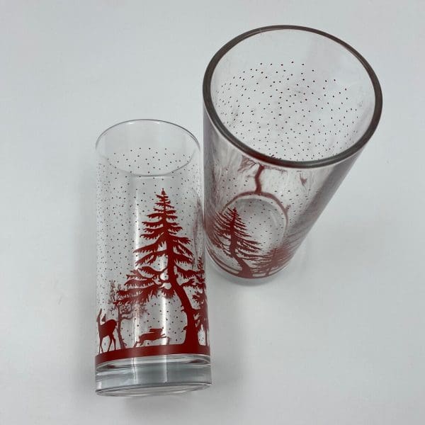 vintage glasses with red trees pair of two