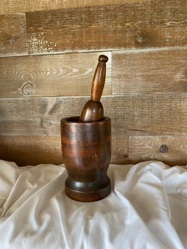 vintage wood mortar and pestle dark finish