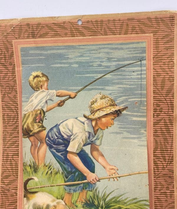 vintage calendar 1937 New York Garage close of litho, two boys fishing with dog